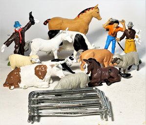 13 Piece Lot Plastic Barnyard Animals And Figures Some Fence Sections