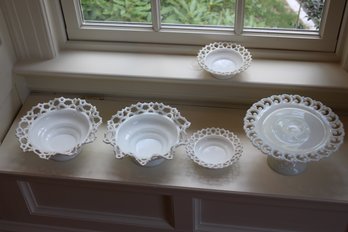 5 Pieces Of Milk Glass With Lace Edges