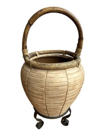 Pottery Pail With Bamboo Handle On Stand