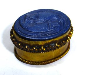 Ethnographic Small Gilded Silver Patch Box Having Carved Blue Stone Lid W Fish