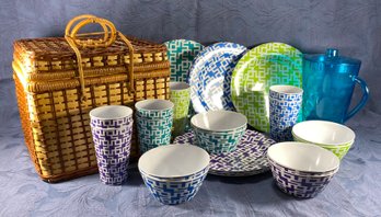 Picnic Basket, Plastic Dishes And Plastic Pitcher