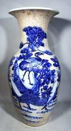 Fine Signed Antique Chinese Blue On Off White Floor Vase W Birds 17.5' Tall