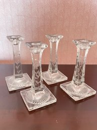 Set Of 4 Clear Glass Etched Leaf Art Deco Candlestick Holders