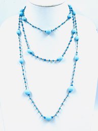 Vintage Single Strand Opalescent Blue Glass Bead Necklace