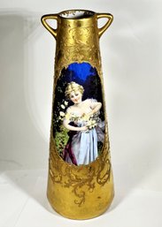 Beautiful Antique Dresden Porcelain Handled Vase In Paste Gold Having Portrait Of Young Girl