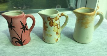 3 Miniature Mini Painted Spatter Glaze CCF & Val Pottery Pitcher / Creamers - Palm Trees