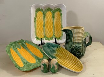 Vintage Set Stanford Ware #513 Corn In Husk Pitcher And 3 Corn Motif Platters