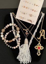 Vintage Jewelry Lot 16 - White Bead Gold Tone Cross Tassel Necklaces - Stud Pierced Earrings  Sparkle Bracelet