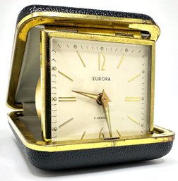 Vintage Europa 2 Jewel Alarm Travel Mechanical Clock In Leather Bound Case, Germany