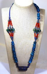 Great Ethnographic Beaded Necklace Hand Blown Glass, Lapis & Coral