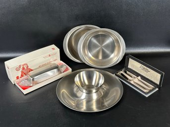 An Assortment Of Vintage Mid-Century Modern Hostessware In Brushed Stainless Steel, Made In Germany & Denmark