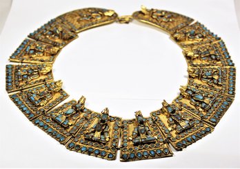 Large Ethnographic Gilt Metal And Turquoise Colored Stone Inlay Buddha Collar Necklace