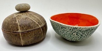 Cantaloupe Melon Bowl & Covered Artisan Stoneware Bowl