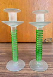 Pair Of Handmade Frosted Spiral Glass Candlestick Holders - By Sherekat