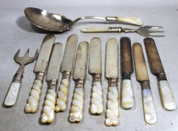 Lot 13 Pieces Victorian Mother Of Pearl Handled Silver Plate Flatware