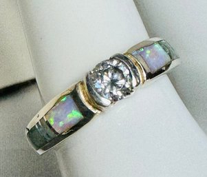 PRETTY STERLING SILVER OPAL AND CZ RING SIGNED CH