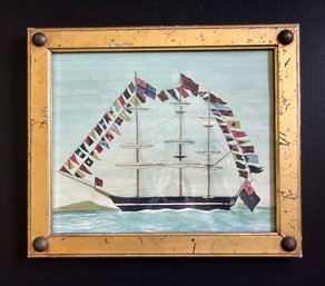 Mary Maguire  Clipper Ship With 'All Flags Flying' In Amazing Antique Gilt Frame