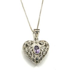 Vintage Sterling Silver Marcasite Amethyst Color Stone Heart Locket On Italian Sterling Silver Chain