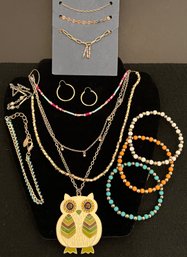 Vintage Jewelry Lot 17 - Gold Tone - Colored Beads - Owl Bead Necklaces - Bracelets - Anklets - Earrings