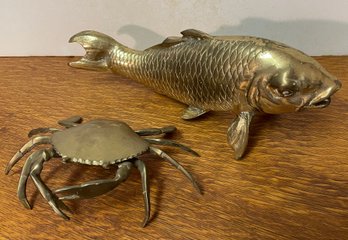 Decorative Brass Fish And Crab Box With Removable Ashtray