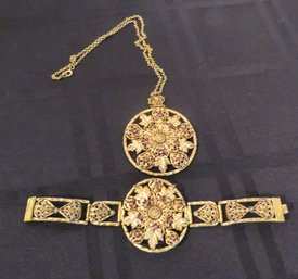 Gold Filigree Bracelet And Pendant Necklace With Amethyst Stones