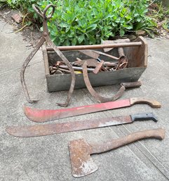 Vintage Tools In Tool Box Including Machetes, Axes, Scythes & More