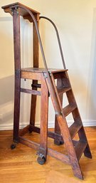 Vintage Oak Library Rolling Ladder With Iron Rails (Appraised For $2,200)