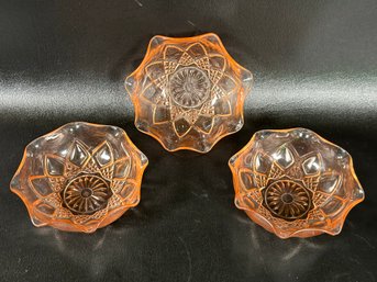 Three Small Pink Depression Glass Bowls By Hazel-Atlas, Diamond Arches Pattern