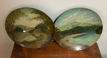 TWO Antique Hand-Painted Metal Plates,