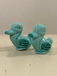 Vintage Mid-Century Pottery Blue/Green Duck Salt & Pepper Shakers