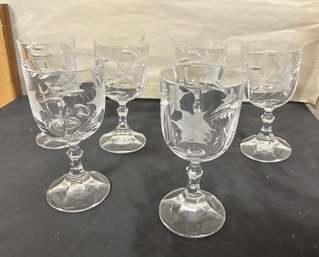 Beautiful Six Crystal Wine Glasses With Flower Design.  DS - B3