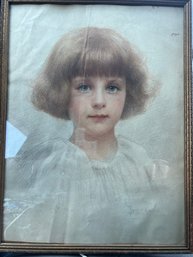 Signed Hand-colored Realist Portrait Sketch Of A Blue Eyed Girl Child