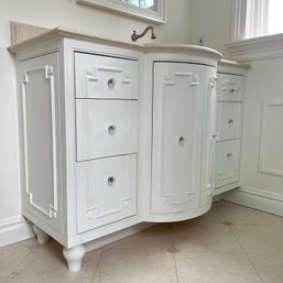 A Pair Of Bow Front Wood Vanities With Polished Limestone Tops - Primary Bath