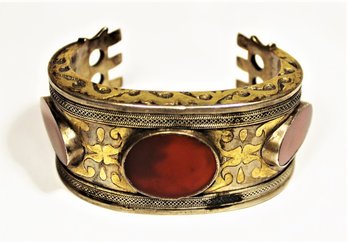 Ethnographic Solid Gilt Silver Cuff Bracelet Having Carnelian Stones