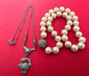 Vintage Marcasite Necklace Paired With Hand-knotted Pearl Necklace With Pave Clasp