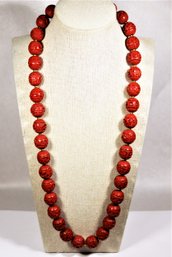 Vintage Chinese Hand Carved Cinnabar Beaded Necklace 24' Long