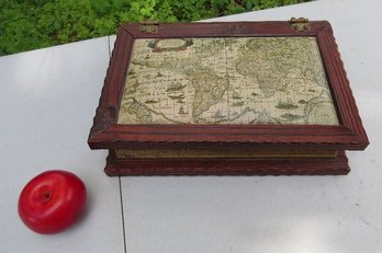 Book Form Wooden Storage Or Dresser Top Box With Map Of The World Lid.