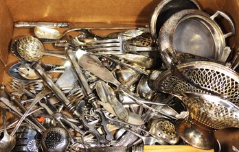 Large Box Lot Of Antique Fancy Silver Plate Flatware Items
