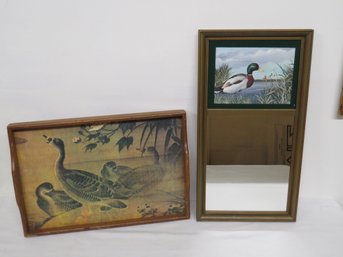 Pair Of Vintage Mallard Duck Themed Items - Wall Mirror W/print And Serving Tray