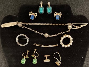 Vintage Jewelry Lot 18 - Old - Earrings - Pin - Sterling Pin - Sweater Clip - Collar Bar Baseball Bats Balls