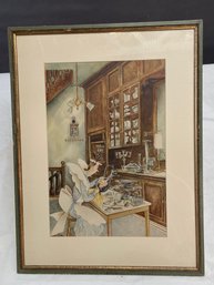 Maid Polishing Sterling Silver Lithograph Mary Petty 17x22 Matted Framed