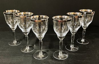 Six Large Vintage Pasabahce Wine Glasses With Silver Band- Made In Turkey