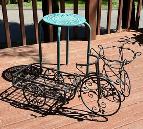 Three Assorted Metal Planters Two Bicycle Shape One Blue Round Metal Stand