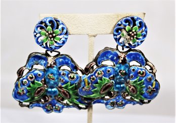 Antique Chinese Silver Enamel Moths Made Into Pierced Earrings