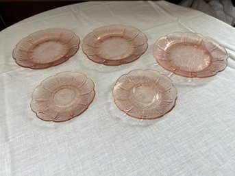 Jeanette Glass Pink 'Cherry Blossom' Three Dessert Plates, Two Saucers