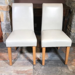 Beautiful Pair Decorator Side Chairs - Pale Gray Bonded Leather - Birch Legs - Very Nice Chairs - NICE !