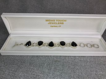 Lovely Sterling Silver / 925 Toggle Bracelet With Alternating Teardrop Black Onyx - Very Pretty Bracelet