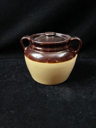 Vintage Brown Bean Pot Crock W/ Handles And Lid