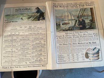 1921 Fish & Seafood Frank E. Davis Price List Emphemera Fold Out Poster