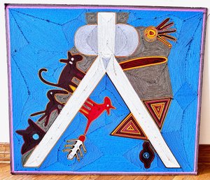 Vintage Huichol Indian Yarn Painting, Reproduction Of Original Guadalupe Yarn Art